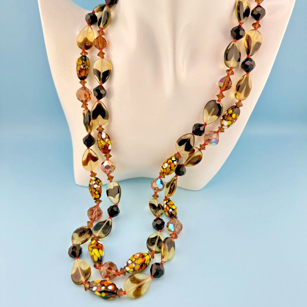 Vintage Venetian Glass Bead Necklace Spotted Yellow Orange Brown Black 2 Strand